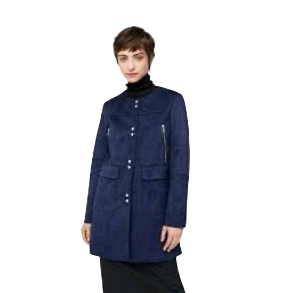 Mango MNG Women's Navy Blue Faux Suede Coat Jacket Collared Snap Button Medium